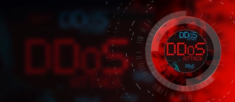 Red banner with red and blue text of DDoS Attack in orb
