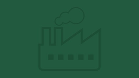 Dark green background with factory icon