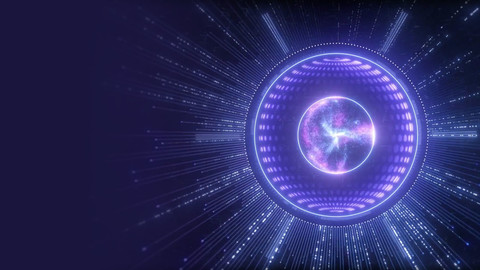 Dark background with abstract purple orb with light blue and purple streams radiating from it