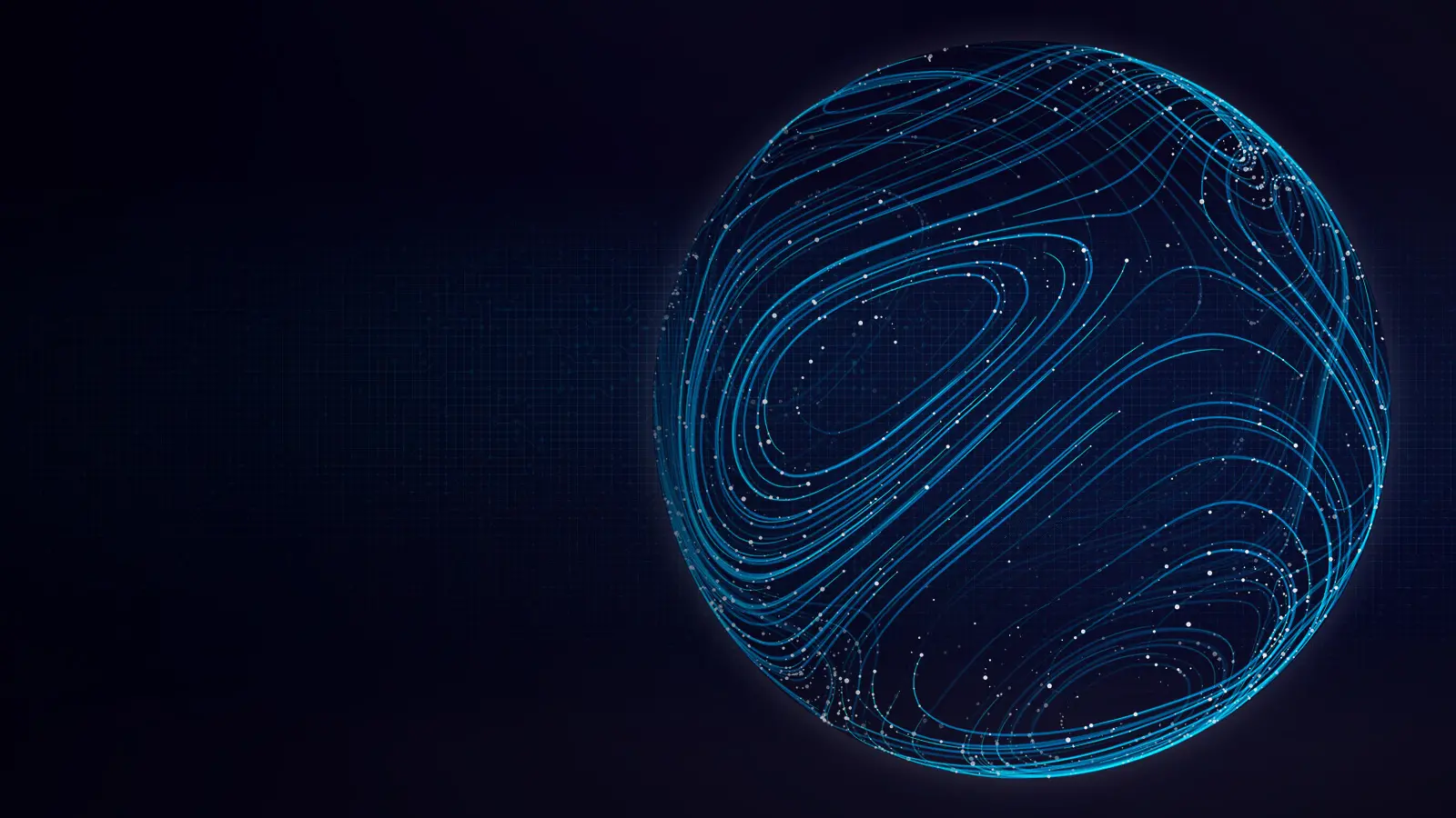 Dark background with a large 3D sphere made of blue and teal circles