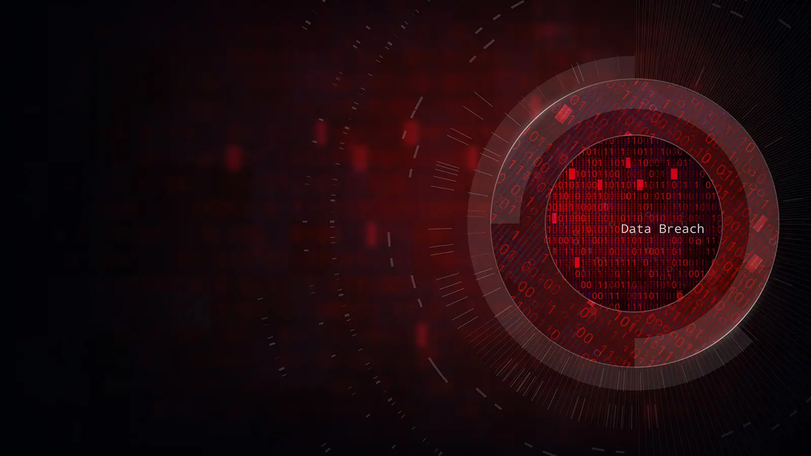 Dark red abstract background with a circle filled with 0s and 1s and "Data Breach" in white
